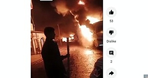 Coal trucks and company buses burn near Adani's Bandhaura / Mahan / Singrauli power plant after two locals were run over and killed, allegedly by a coal truck. (via Adaniwatch)